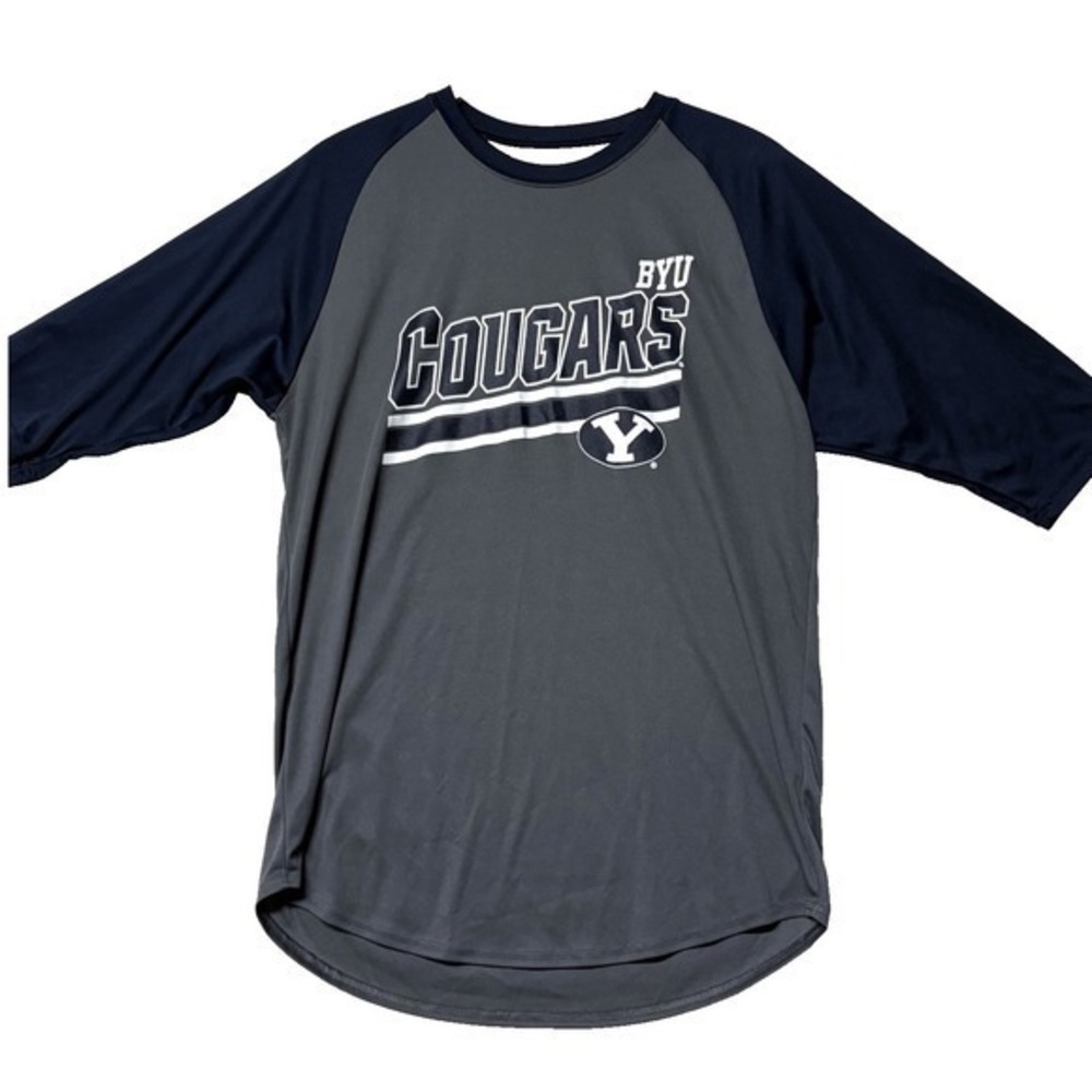 BYU Cougars Raglan T Shirt Mens M Gray Navy‎ Blue NCAA Performance Baseball Tee